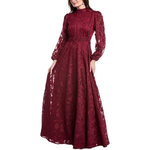 Rene Ruiz Womens High-Neck Bishop Sleeve Cinch Waist Gown, Red